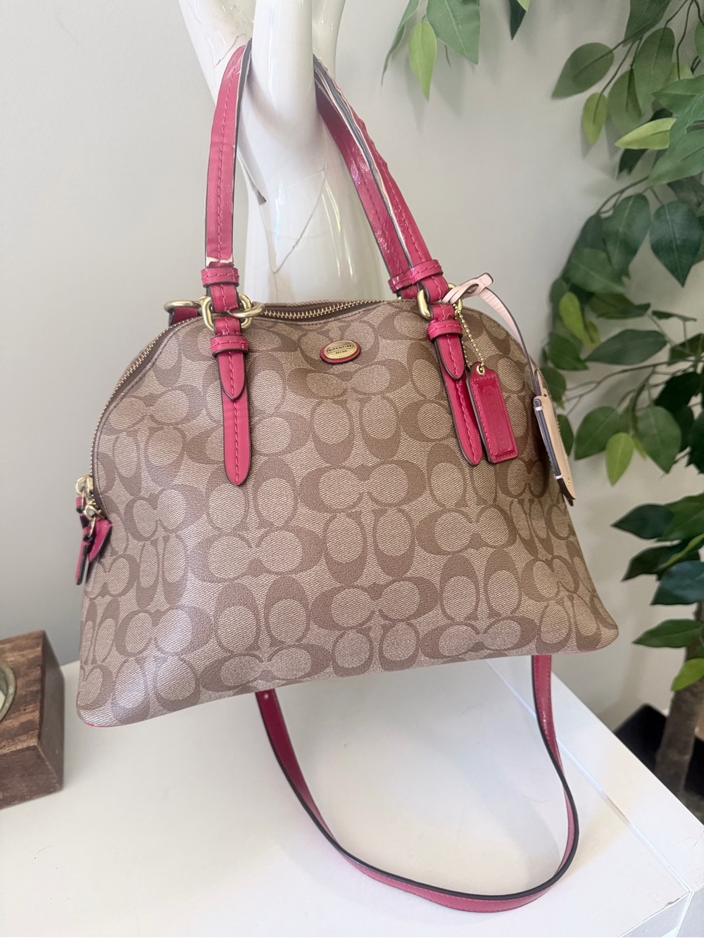 Coach Peyton Cora Signature Domed Satchel Khaki Red F24606